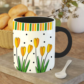 Chillaao Yellow Flower Pattern Inner Color Black Mug