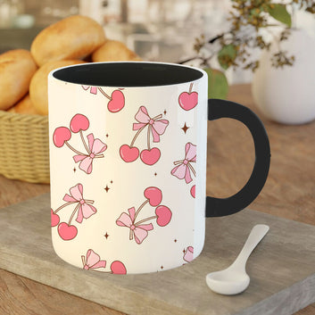 Chillaao Coquette cherry heart bow Trendy girly pattern Inner Color Black Mug