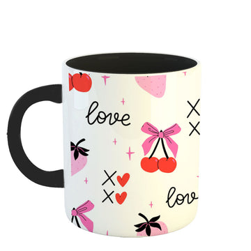 Chillaao Cherries and coquette bows on pink pattern Inner Color Black Mug