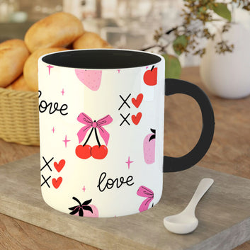 Chillaao Cherries and coquette bows on pink pattern Inner Color Black Mug