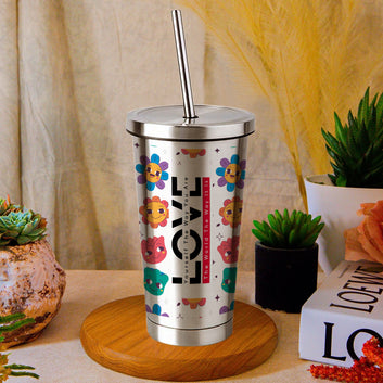 Love, Smiley pattern Stainless steel tumbler 470ml (16oz)