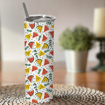 Watermelon Pattern Double Walled Steel White Skinny Tumbler 600ml