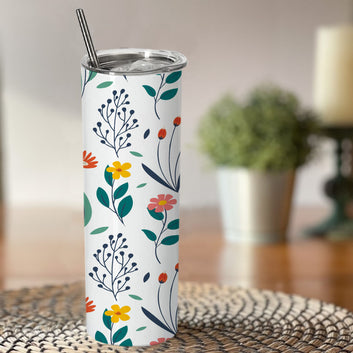 FloralPattern Doublewalled Steel White SkinnyTumbler 600ml