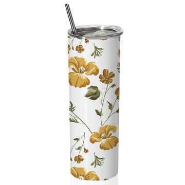 Chillaao  Beautiful Yellow Flowers Double walled Steel White Skinny Tumbler