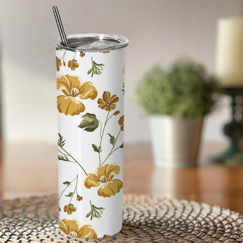 Chillaao  Beautiful Yellow Flowers Double walled Steel White Skinny Tumbler