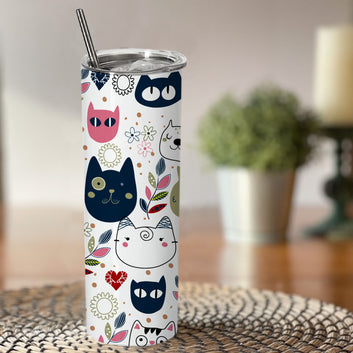 Chillaao pink and navy cats pattern  skinny tumblers