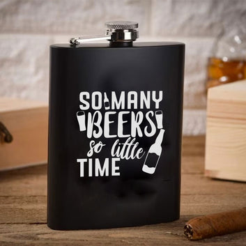 Stainless Steel Engraved Hip Flask Design - So Many Beers So Little Time