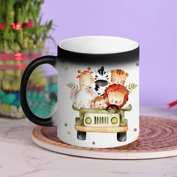 Chillaao Personalised  cute baby animals riding brown safari jeep Magic Mug