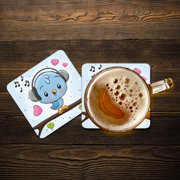 Chillaao Cute bird with headphones Coaster