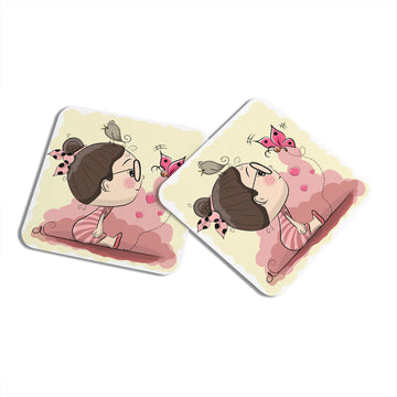 Chillaao Cute Cartoon Girl With Bird and Butterfly Vector  Coaster