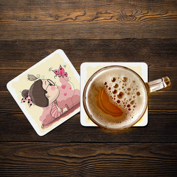 Chillaao Cute Cartoon Girl With Bird and Butterfly Vector  Coaster