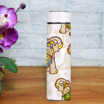 Chillaao Blue Beautiful Yellow Elephant Mandala Pattern Temperature Bottle White