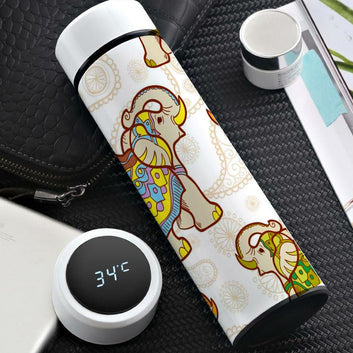 Chillaao Blue Beautiful Yellow Elephant Mandala Pattern Temperature Bottle White