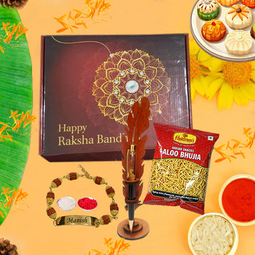 Chillaao Raksha Bandhan Mdf Leaf Pen Stand & Salty Aloo Bhujia Combo Hamper