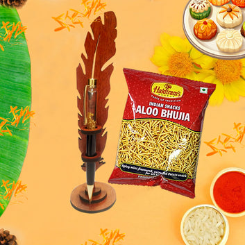 Chillaao Raksha Bandhan Mdf Leaf Pen Stand & Salty Aloo Bhujia Combo Hamper