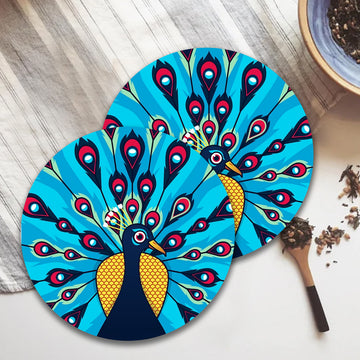 Chillaao Peacock Bird Round Coaster (Set Of 4)