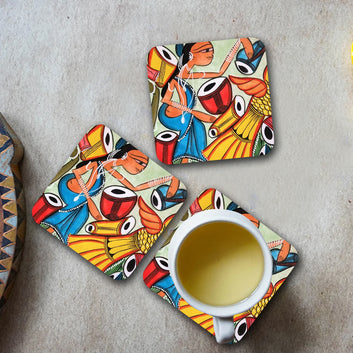 Chillaao Santhal Art Square Coaster ( Set Of 4 )