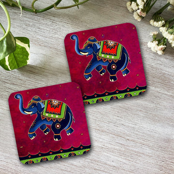 Chillaao Colorful Elephant Portrait Square Coaster ( Set Of 4 )