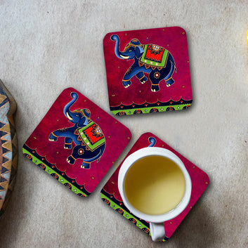 Chillaao Colorful Elephant Portrait Square Coaster ( Set Of 4 )