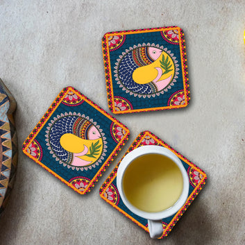Chillaao Fish Textured Mandala Square Coaster ( Set Of 4 )