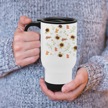 Rabbits and Sunflowers White Travel Mug 470ml