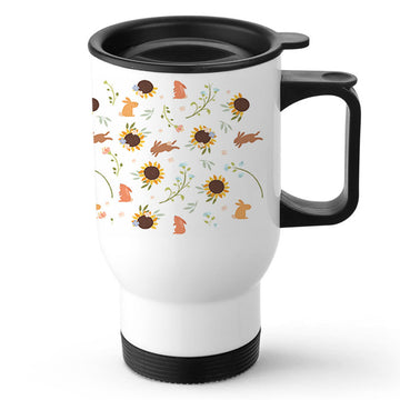 Rabbits and Sunflowers White Travel Mug 470ml