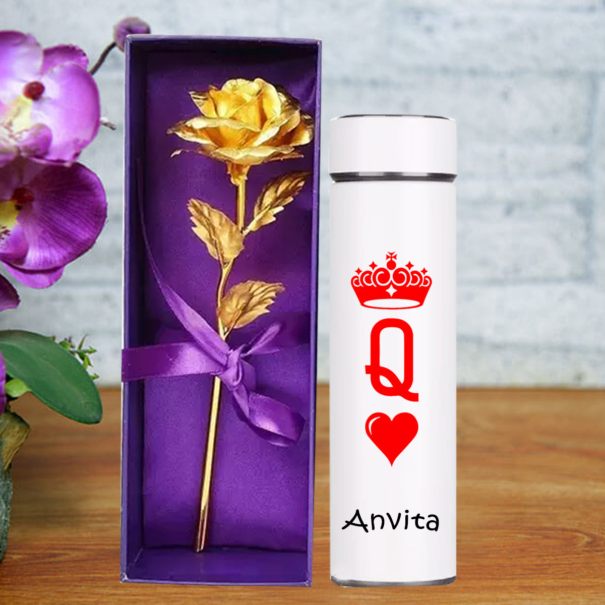 Chillaao Personalized Temperature Bottle White & Golden Rose combo