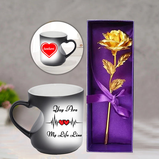 Chillaao Personalized You Are My Life Line  Heart Cut Magic Mug & Golden Rose