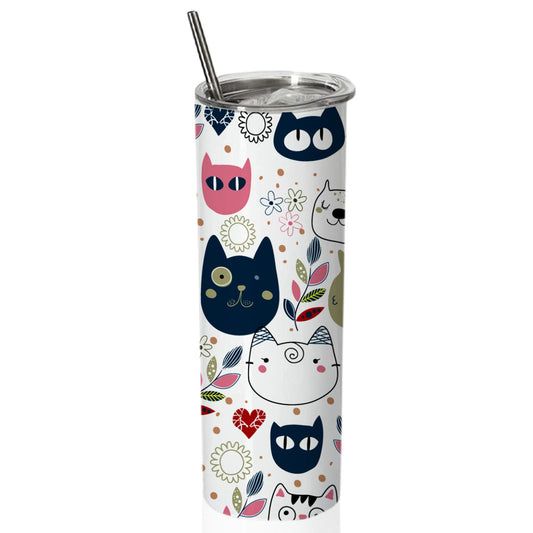 Chillaao pink and navy cats pattern  skinny tumblers