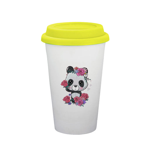 Chillaao Cute Flower Panda Ceramic Tumbler Yellow Lid