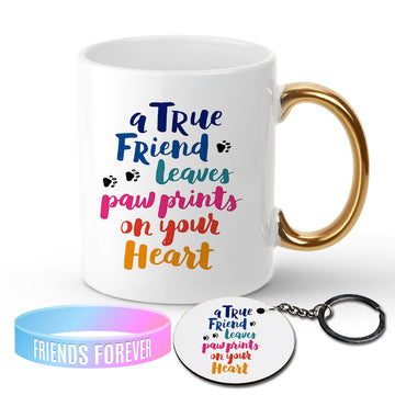 Chillaao True Friends Leaves Paw Prints on Your Heart Golden Handle Mug