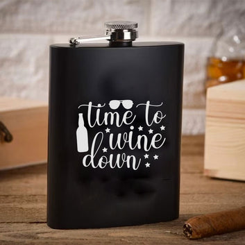 Stainless Steel Engraved Hip Flask Design - Time To Wine Down