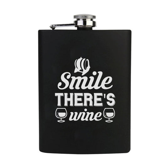 Stainless Steel Engraved Hip Flask Design - Smile There's Wine
