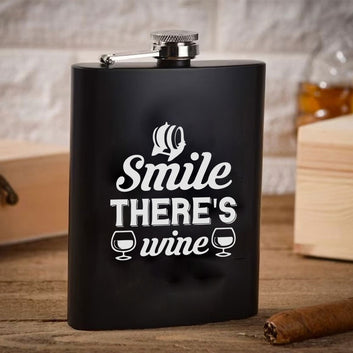 Stainless Steel Engraved Hip Flask Design - Smile There's Wine