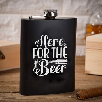Stainless Steel Engraved Hip Flask Design - Here for the Beer