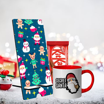 Chillaao Christmas Snow Man , Santa Pattern & Secret Santa Mobile Stand & Tea Mug