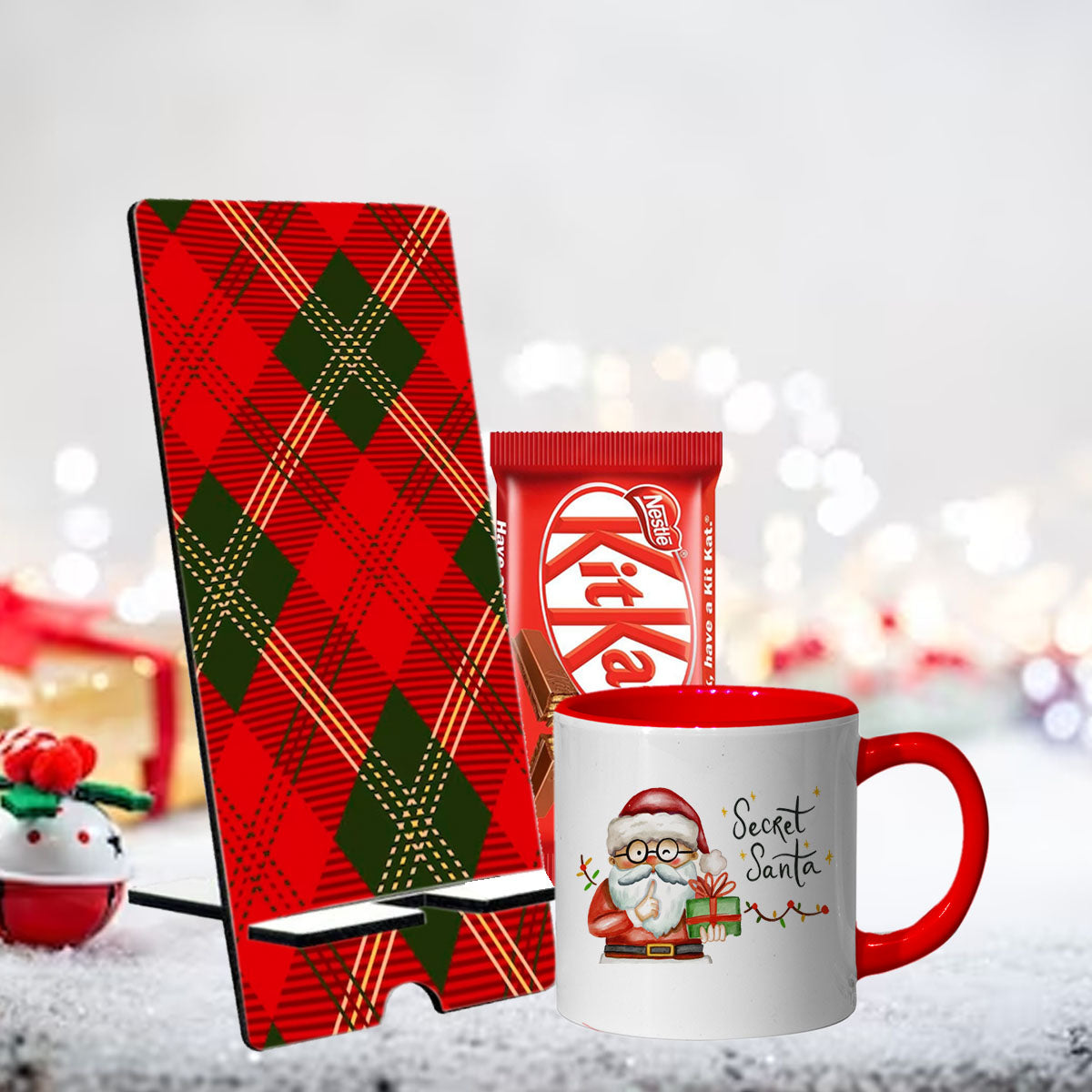 Chillaao Christmas plaid pattern & Secret Santa Mobile Stand & Tea Mug