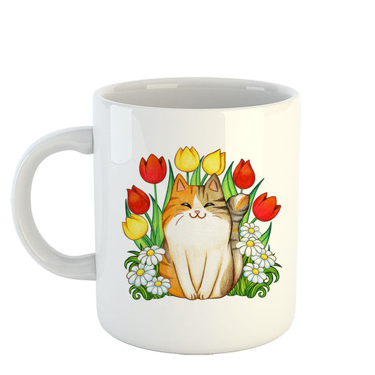 Chillaao Kitten in a Tulip and Daisy Garden White Mug