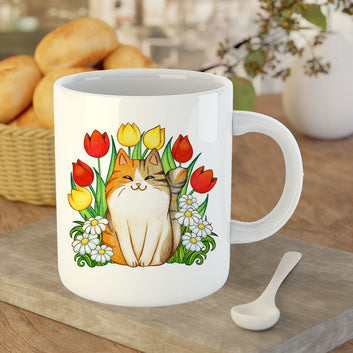 Chillaao Kitten in a Tulip and Daisy Garden White Mug