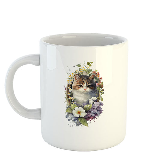 Chillaao A Cat in a Flower Garden White Mug