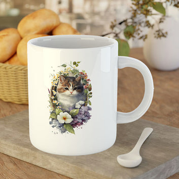 Chillaao A Cat in a Flower Garden White Mug