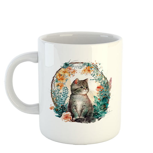 Chillaao Watercolor forest Cat White Mug