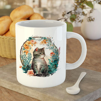 Chillaao Watercolor forest Cat White Mug