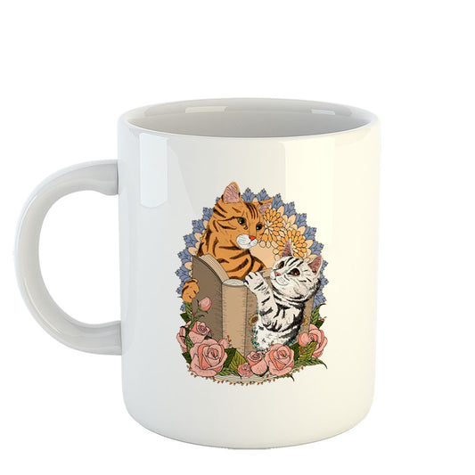 Chillaao Adorable Cats with Book and Floral White Mug