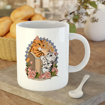 Chillaao Adorable Cats with Book and Floral White Mug