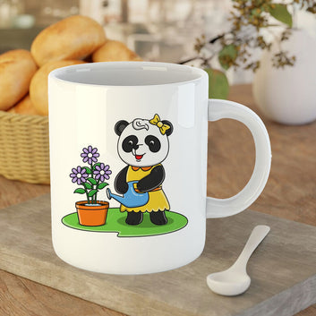 Chillaao Cute Cartoon Panda Watering Flowers White Mug