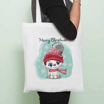 Chillaao Cute Cat with Christmas Scarf Tote Bag