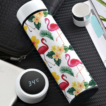Chillaao Flamingos pattern with plants and flowers Temperature Bottle White
