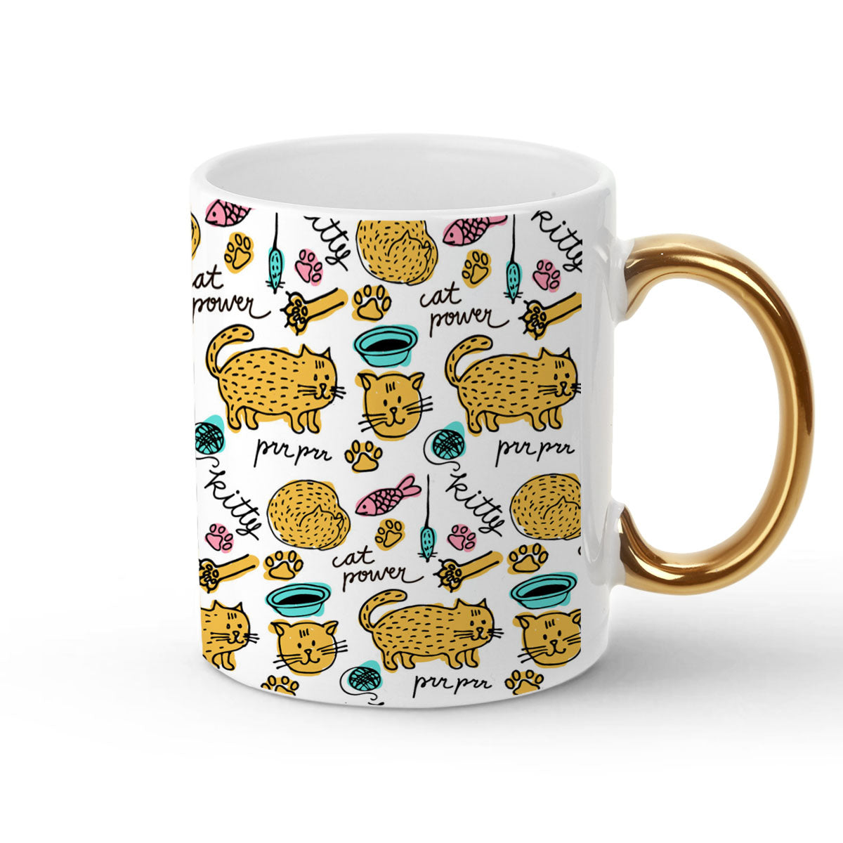 Chillaao cat kitty power  pattern golden handle mug