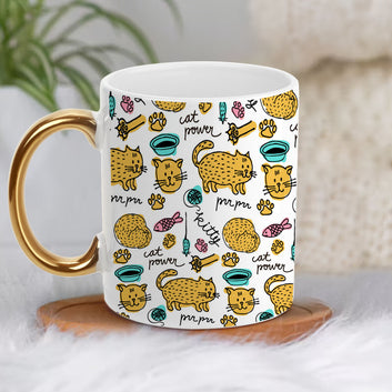 Chillaao cat kitty power  pattern golden handle mug